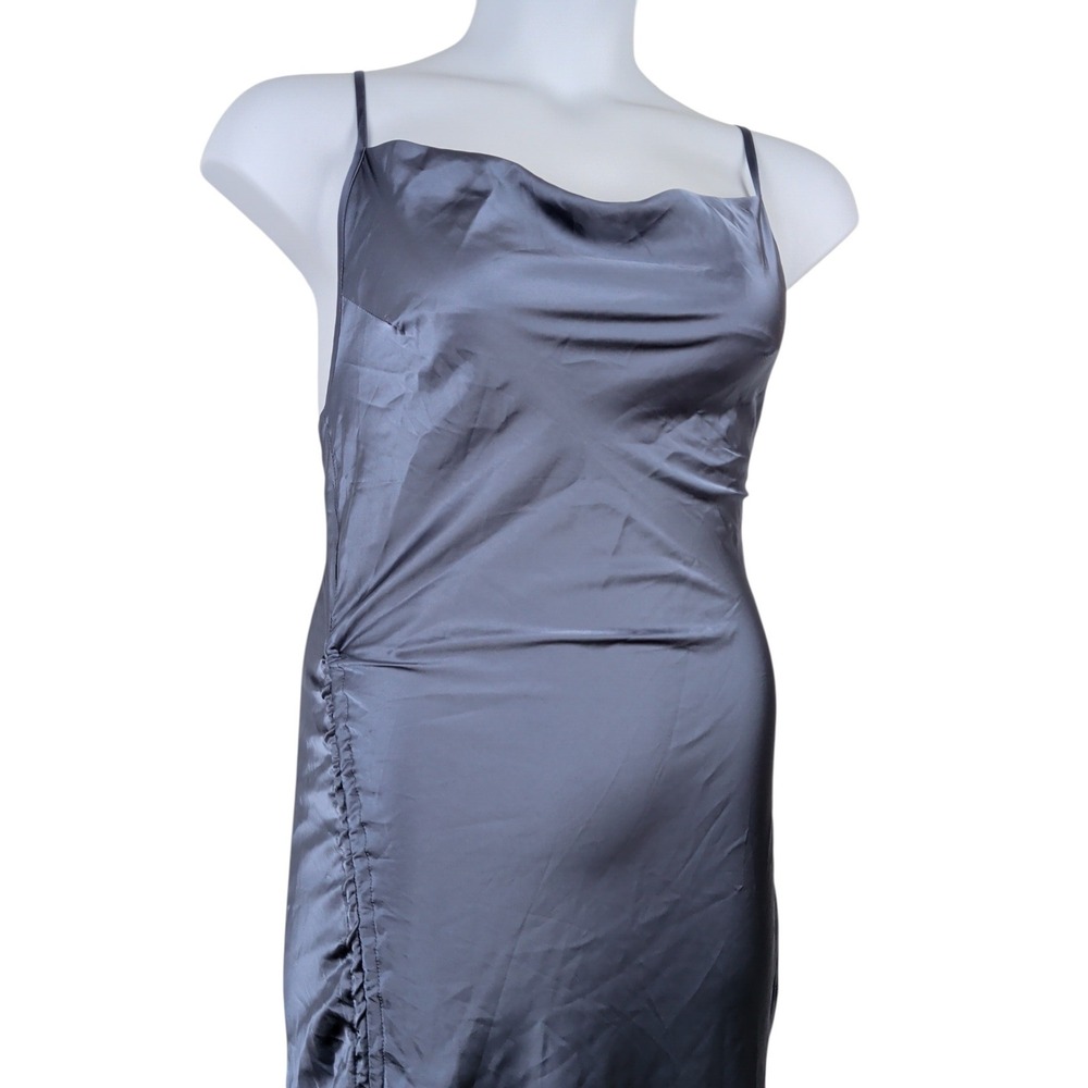 Mable Slate Blue Satin Ruched Cowl Neck Asymmetrical Midi Dress Small